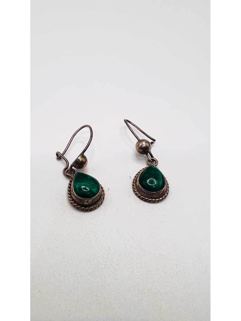 Vintage Mexico 925 Sterling Silver Malachite Teardrop Dangle Earrings